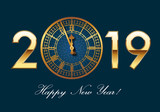 Fototapeta Big Ben - Carte de vœux 2019 représentant l’horloge de Big-Ben symbole de Londres et de l’Angleterre, en lettres dorée sur fond bleu nuit