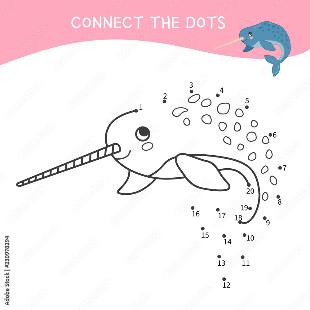 Educational Game For Kids Dot To Dot Game For Children Cartoon Narwhal Obraz Na Plotnie Plakat Fototapeta Fotodruk Pl