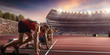© Alex - Male athletes sprinting. Three men in sport clothes on starting line prepares to run at the running track in professional stadium
