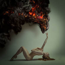 Duality And Danger Concept, Classic Ballet Dancer Lying Down With Elegant And Delicate Poses And A Fiery Monster Over In Menacing Pose, Halloween
