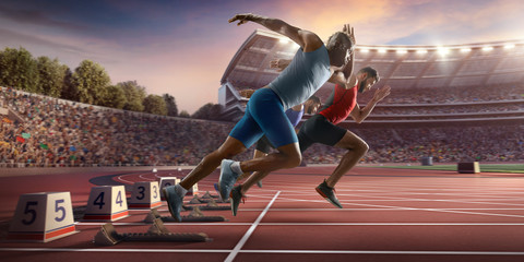 Wall Mural -  3 men run Male athletes sprinting. Three men in sport clothes run at the running track in professional stadium