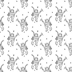 Wall Mural - Seamless pattern hand drawn astronaut spaceman. Doodle black sketch. Sign symbol. Decoration element. Isolated on white background. Flat design. Vector illustration