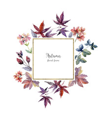 Wall Mural - Watercolor floral frame in autumn colors on white background.