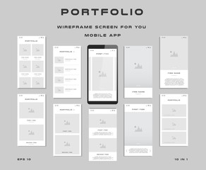 Wall Mural - 10 in 1 UI kits. Wireframes screens for your mobile app. GUI template on the topic of Portfolio . Development interface with UX design. Vector illustration. Eps 10