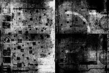 Abstract grunge futuristic cyber technology background. Sci-fi circuit design. Blueprint on old grungy surface. Futuristic technology design. Cyber punk backdrop