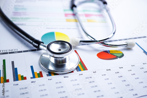 Fotografía Stethoscope and US dollar banknotes on chart or graph paper, Financial, account, statistics and business data concept