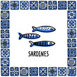 Portugal landmarks set. Fresh shellfish, traditional delicacy seafood. Shellfish in frame of Portuguese tiles. Sketch style vector illustration, for souvenirs, magnets, post cards