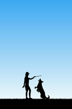 Girl Trains Dog In Park. Vector Illustration With Silhouettes Of Woman And Pet. Blue Pastel Background