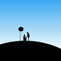 Sticker - Lovers under tree in park. Romantic marriage proposal. Vector illustration with silhouette of loving couple. Blue pastel background