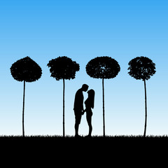 Sticker - Lovers between trees in park. Vector illustration with silhouette of loving couple. Landscape with maples. Blue pastel background.