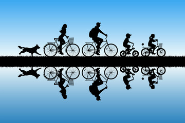 Poster - Family on bikes in park. Active rest of parents with children. Vector illustration with silhouettes of cyclists and running dog. Blue pastel background