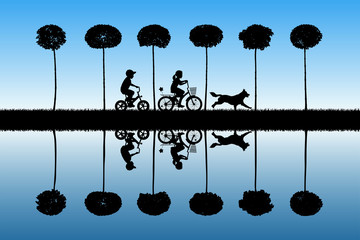 Poster - Children on bicycles and running dog in park. Vector illustration with silhouettes of boy and girl on bikes. Landscape with maples. Blue pastel background