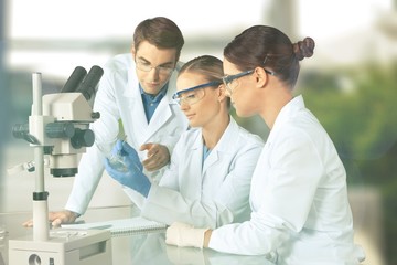 Wall Mural - Female and male scientists in glasses working with microscope