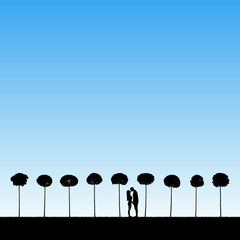 Sticker - Lovers between trees in park. Vector illustration with silhouette of loving couple. Landscape with maples. Blue pastel background