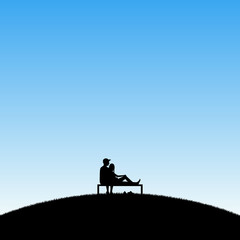 Sticker - Lovers sitting on bench in park. Vector illustration with silhouette of loving couple. Blue pastel background