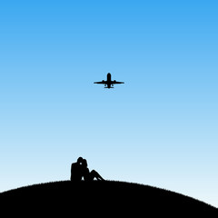 Sticker - Lovers and flying aircraft in park. Vector illustration with silhouette of couple sitting on hill. Blue pastel background