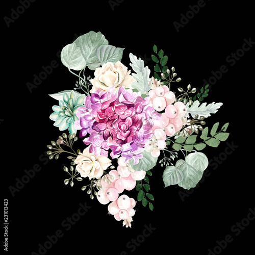 Watercolor bouquet with hydrangea flowers, roses, succulent plants, berries a...