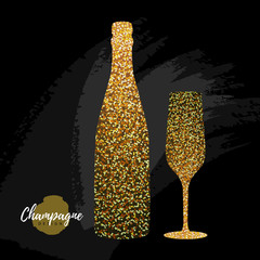 Champagne glass and bottle vector icon. Golden sparkle champagne glass on black background