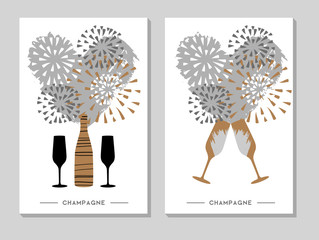 Wall Mural - Holiday greeting postcard with champagne glasses and bottle in modern simple style