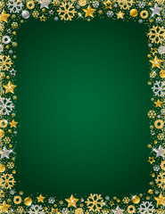 Wall Mural - Green christmas card with  border of golden and silver glittering snowflakes and stars, vector illustration
