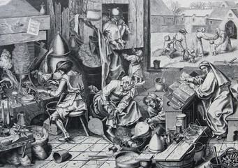 Wall Mural - Alchimist by Pieter Brueghel engraved in a vintage book History of Painters, author Jules Benouard, 1864, Paris