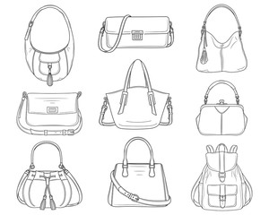 Women fashion handbags collection, vector sketch illustration.