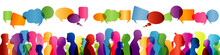 Communication Between People. Group Of People Talking. Crowd Talking. Colored Profile Silhouette. Speech Bubble