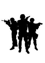 Police Immediate Reaction Team, Special Operations And Counter Terrorism Unit Three Fighters In Tactical Ammunition, Standing Together And Aiming Weapons Vector Silhouette Isolated On White Background