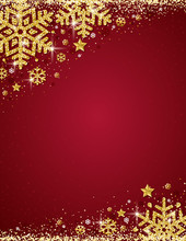Red Christmas Background With Frame Of Gold Glittering Snowflakes, Vector Illustration