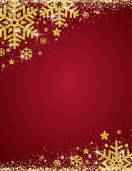 Wall Mural - Red christmas background with frame of gold glittering snowflakes, vector illustration