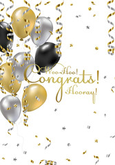 Congratulations vector illustration. Happy Birthday! You are invited to a party! Balloons, streamers, confetti, gold and silver. Congrats on the holiday