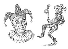Funny Jester In Fool S Cap. Clown In Costume. Comedian Character. Vintage Engraved Illustration. Monochrome Style.