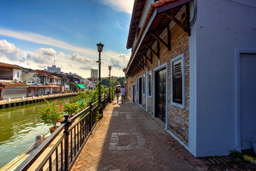 A side walk at riverside Malacca.Historical part of the old malaysian town Malacca, Malaysia.