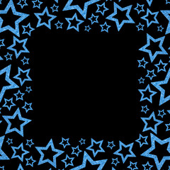 Wall Mural - Frame of shiny blue metal stars isolated on black background