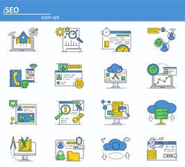 Poster - vector set of seo optimization and digital internet marketing. online services, cloud storage and so