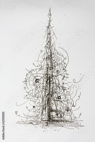 Creative Concept Christmas Tree Abstract Ink Pen Drawing Abstract