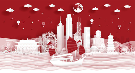 Fototapete - Panorama postcard of world famous landmarks of Hong kong skyline in paper cut style vector illustration