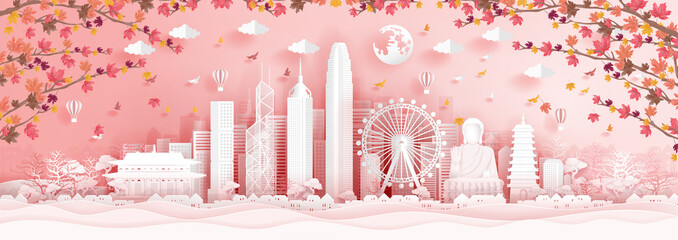 Fototapete - Panorama postcard of world famous landmarks of Hong kong with falling maple leaves in paper cut style vector illustration