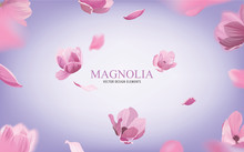 Magnolia Flowers On Purple Background. Vector Set Of Blooming Floral For Holiday Greetings, Newsletter, Brochures, Postcards, Banners, Wedding Invitations And Greeting Card Design.