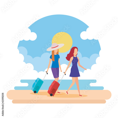 Fotografie, Tablou tourists girls with suitcases on the beach