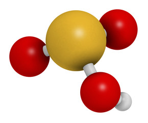 Canvas Print - Bisulfite anion, chemical structure. Common salts include sodium bisulfite (E222) and potassium bisulfite (E228), used as food preservatives. 3D rendering. Atoms are represented as spheres.