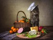 Gastronomic still life and old cat in a chef's hat