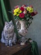 Kitty  with bouquet of flowers