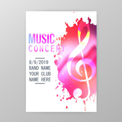 Wall Mural - Music concert poster, paint splatter party flyer template vector illustration. Music party promotional banner with ink stain