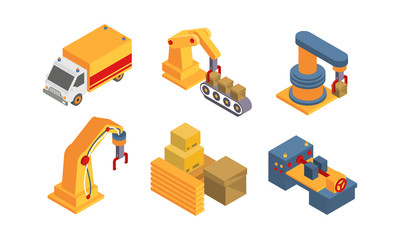 Sticker - Warehouse objects and equipment set, intelligent manufacturing, robotic arm, automated conveyor vector Illustration on a white background