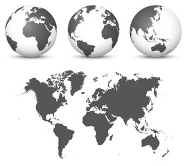 Wall Mural - gray 3d globe - earth vector set with undistorted 2d world map in gray color.