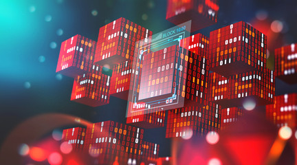 Fototapete - Blockchain technology. Information blocks in digital space. Decentralized global network. Cyberspace data protection. 3D illustration with elements of a binary code