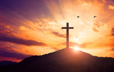 Wall Mural - Christmas concept: Crucifixion Of Jesus Christ Cross At Sunset