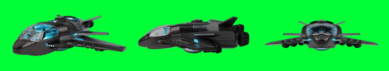 Poster - Futuristic spacecraft collection isolated on green background 3D rendering
