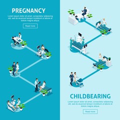 Wall Mural - isometric illustrations banners, concept work hospital, medical institution, maternity hospital, fam